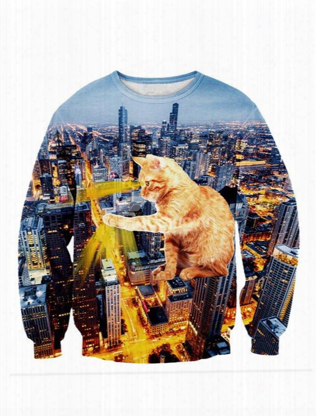 Fashion Long Sleeve Cat Pattern Buildings Background 3d Painted Hoodie