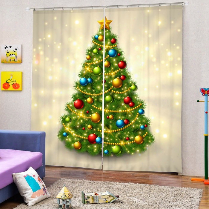 Flaring Christmas Tree With Decors Printing Christmas Theme 3d Curtain