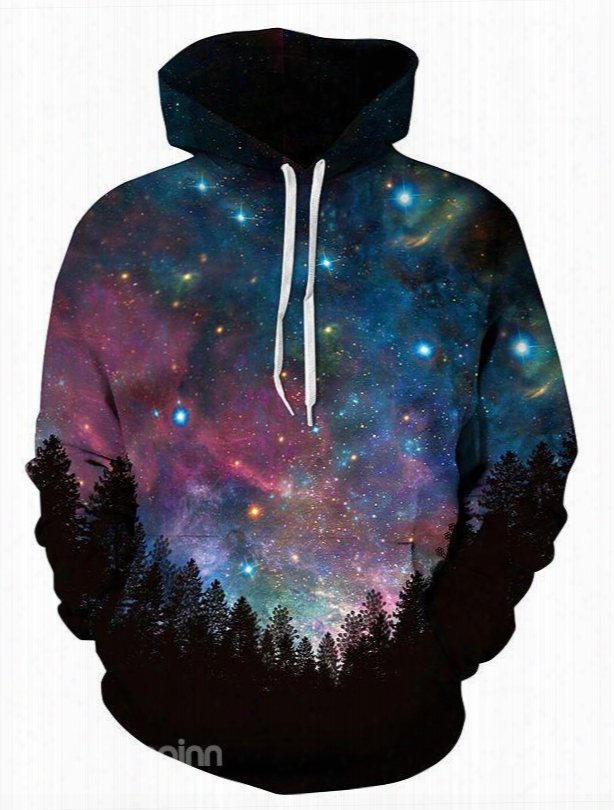 Forest Dark Night Long Sleeve Galaxy Pattern Front Pocket 3d Painted Hoodie