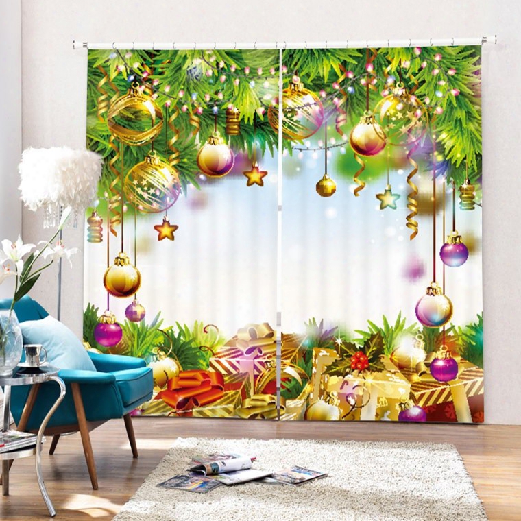 Gifts Under The Christmas Tree With Decors Printing Christmas Theme 3d Curtain