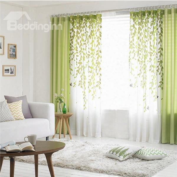 Green Willow Branches Printing Grommet Top Custom Curtain