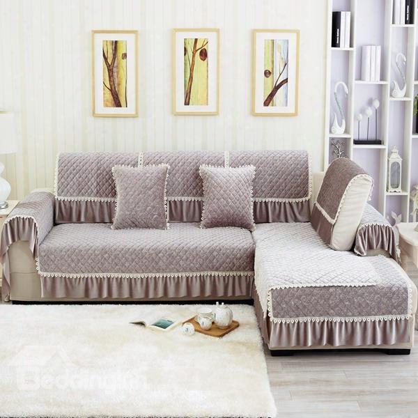 Grey Plaid And Flower Print Polyester Slip Resistant Sofa Covers