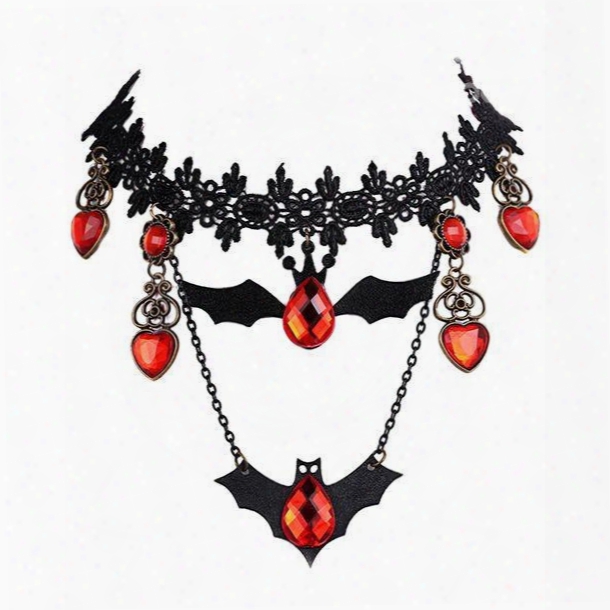 Halloween Style Black Lace Bat Shape Pendant Necklace