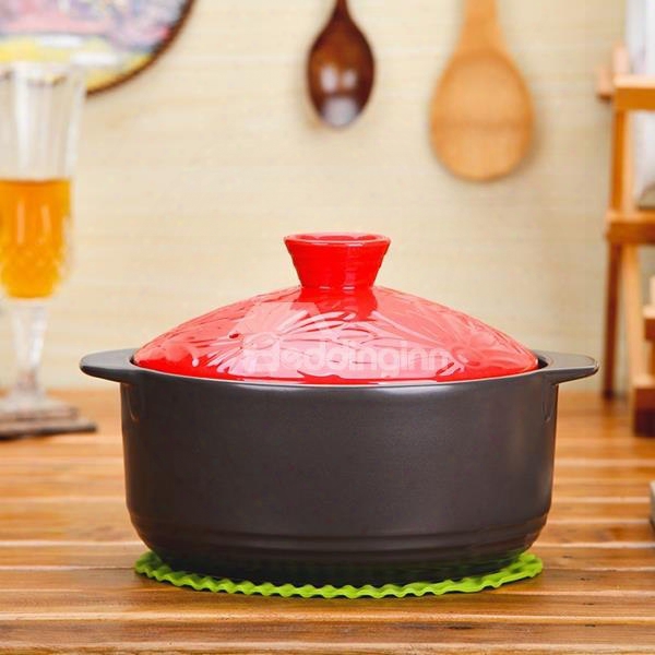 Healthy Ceramic Red And Green Leaves Pattern 4l With Lid Stockpot
