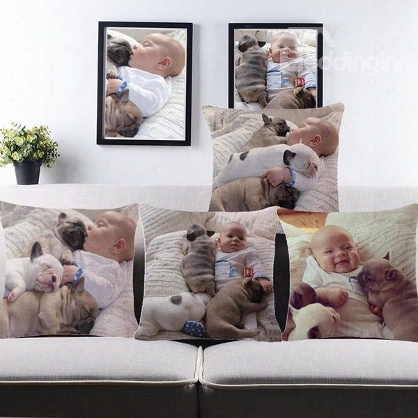 Heart-warming Baby And Dogs Print Throw Pillow Case