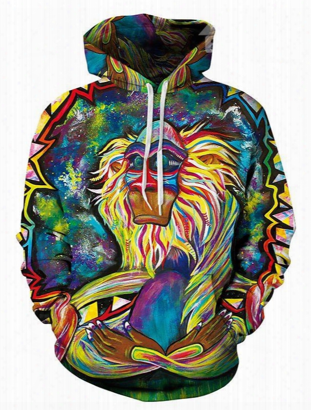 Long Sleeve Animals Apes Special Pattern Pocket 3d Painted Hoodie