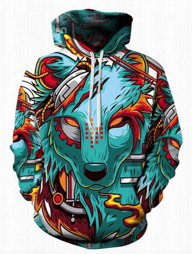 Long Sleeve Cartoon Wolf Pattern Pocket 3d Painted Hoodies