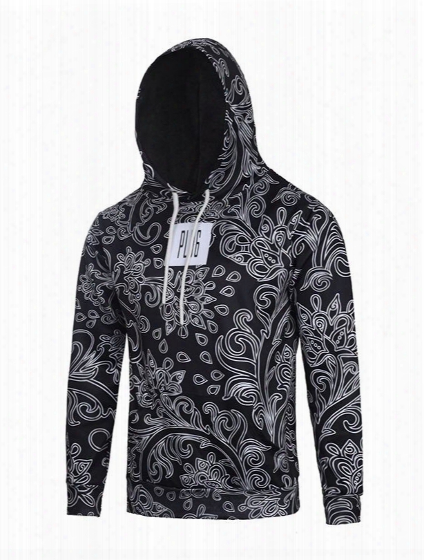 Long Sleeve Concise Figured Pattern Black 3d Painted Hoodie