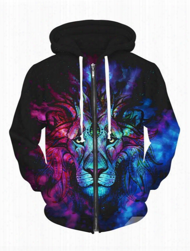 Long Sleeve Multicolor Lion Face Pattern 3d Zipper Painted Hoodie