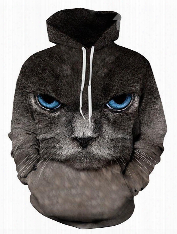 Long Sleeve Persian Cat Face Pattern Pocket 3d Painted Hoodie