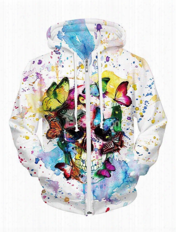 Long Sleeve Skull With Butterfly Pattern Pocket 3d Painted Hoodie