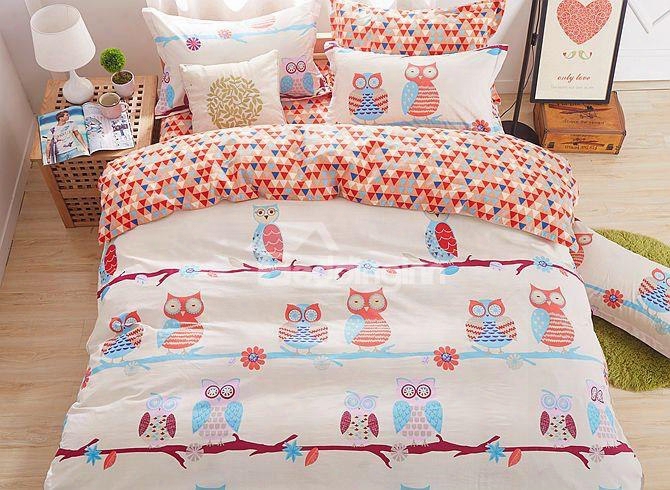 Lovely Cartoon Owls Pattern Kids Cotton 4-piece Duvet Cover Sets