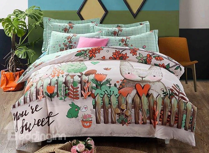 Lovely Cartoon Rabbit Print 4-piece Cotton Duvet Cover Sets