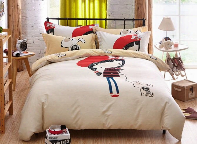 Lovely Girl With Her Dog Pattern Kids Cotton 4-piece Duvet Cover Sets