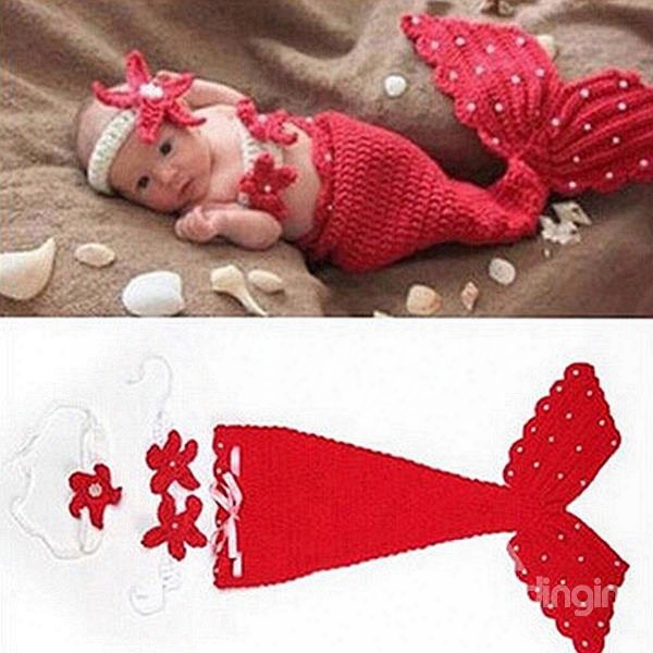Lovely Knitted Crochet Mermaid Shaped Red  Baby Clothes Photo Prop