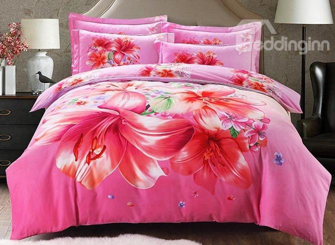 Lovely Pink Lily Print 4-piece Cotton Duvet Cover Sets