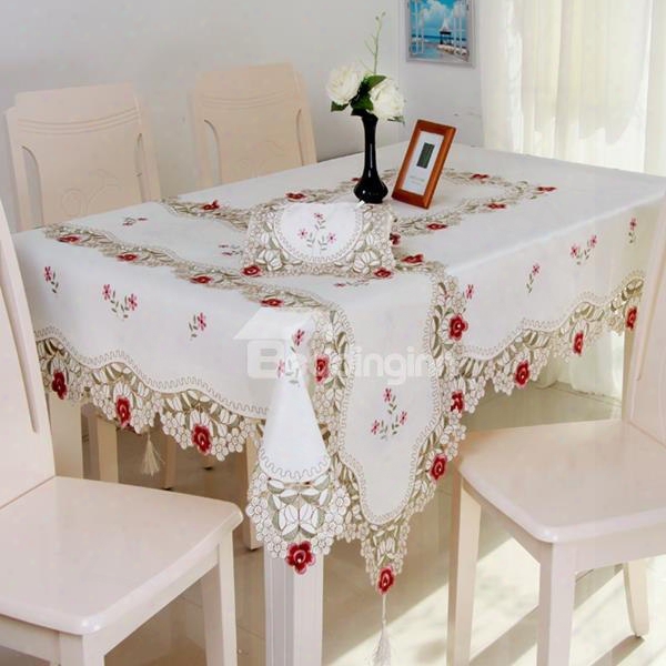 Luxurious Polyester Embroidered Red Roses Pattern Kitchen Dining Tablecloth