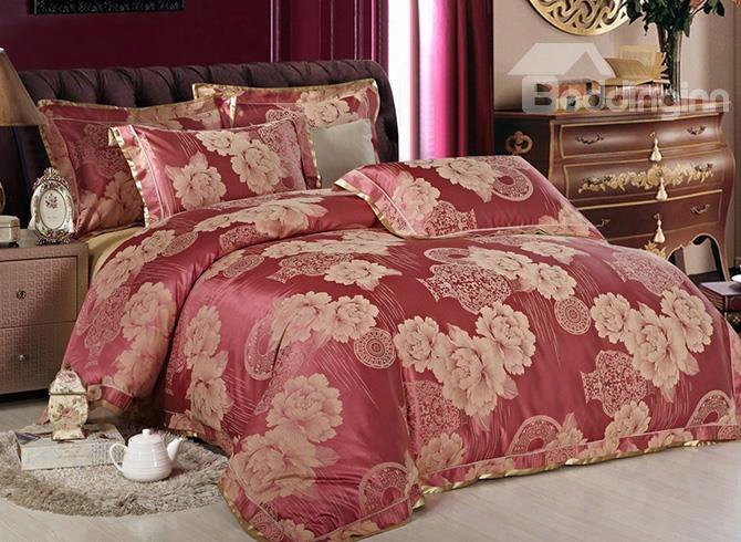 Luxurious Red Peonies Chinese Style Soft 4-piece Jacquard Bamboo Fabric Bedding Set