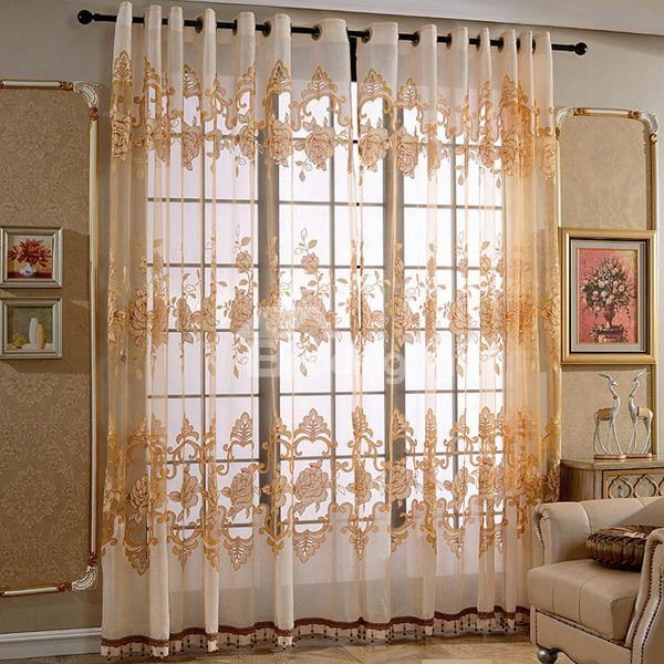 Luxury European Style Golden Peony Printing Custom Sheer Curtain