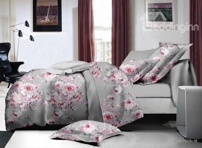 Magnificent Pink Peony Print Polyester 4-piece Duvet Cover Sets