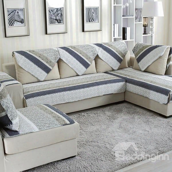 Modern Blue And White Strips Print Quilting Seam Cushion Slip Resistant Sofa Covers