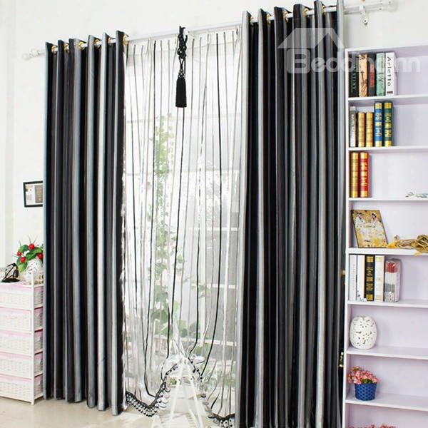 Modern Concise Black And White Stripes Jacquard Grommet Top Curtain