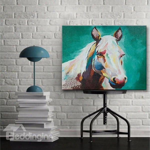 Modern Design White Horse With Green Background None Framed Oil Painting