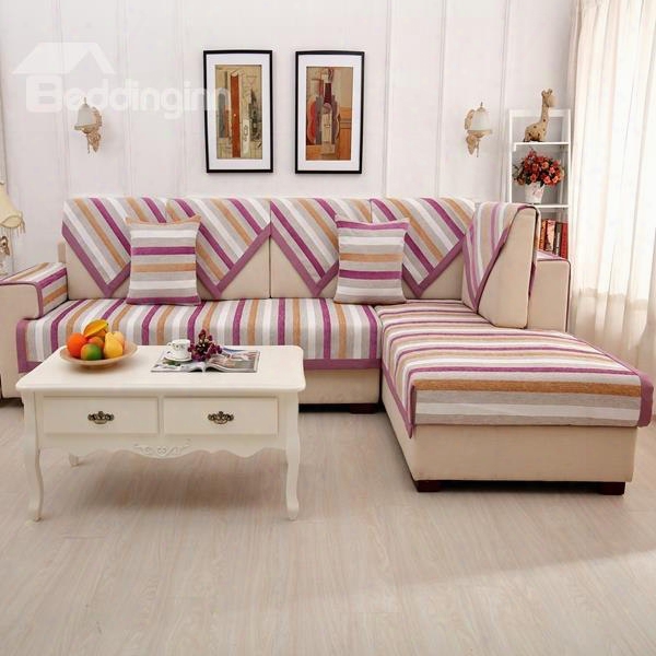 Modern Simple Chenille Purple Strips Print Four Seasons Slip Resistant Sofa Covers