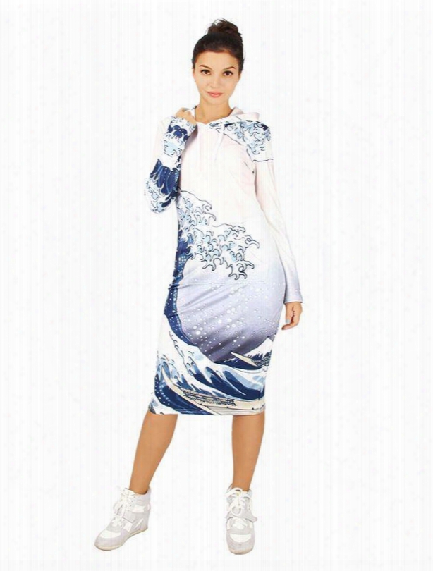 Modest Long Sleeve Wav E Pattern 3d Painted Hoodie Dress