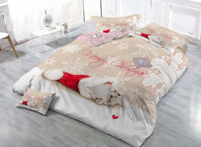 Naughty Kitty And Christmas Hat Print Satin Drill 4-piece Duvet Cover Sets