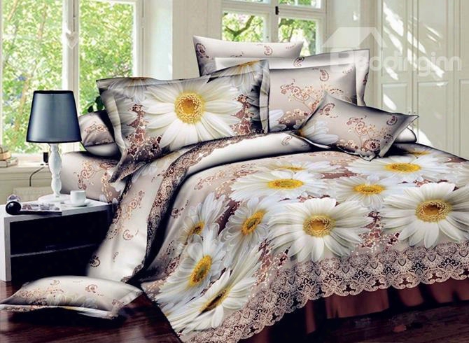 Noble 3d Daisy Print 4-piece Polyester Duvet Cover Sets