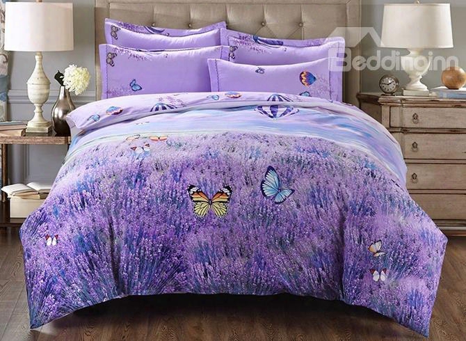 Noble Lavender And Butterfly Print 4-piece Cotton Duvet Cover Sets