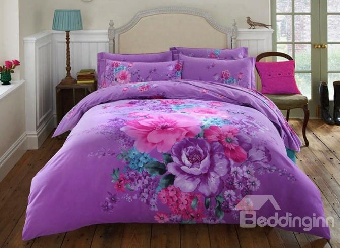 Noble Purple Peony Print 4-piece Cotton Duvet Cover Sets