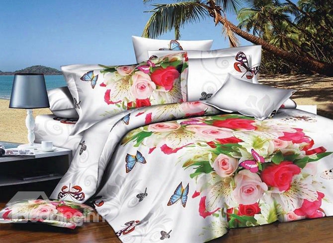 Noble Rose And Butterfly Print 4-piece Polyester Duvet Cover Sets