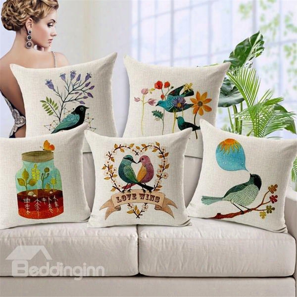 Pastoral Style Lovely Birds Print Throw Pillow Case