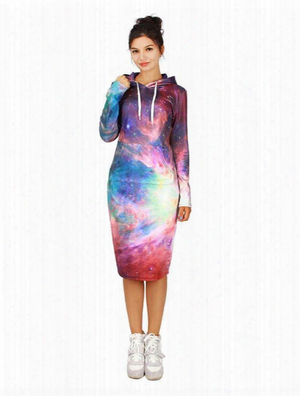 Pretty Long Sleeve Shining Galaxy Pattern 3d Painted Hoodie Dress