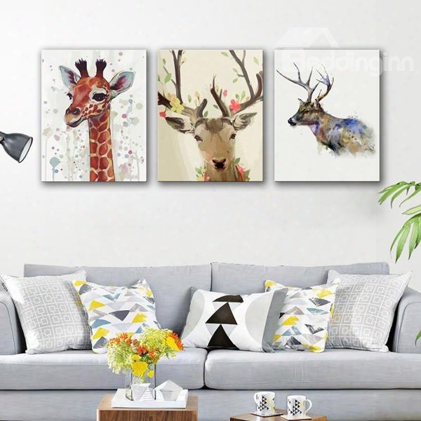 Rectangle Giraffe And Deer Pattern Hanging 3-piece Canvas Waterproof And Eco-friendly Framed Prints