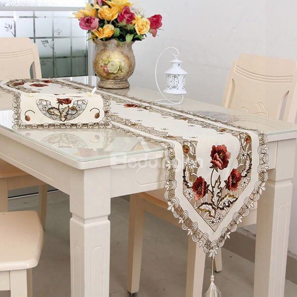 Rectangle Polyester Embroidery Flower Design Home Decoration Table Runner