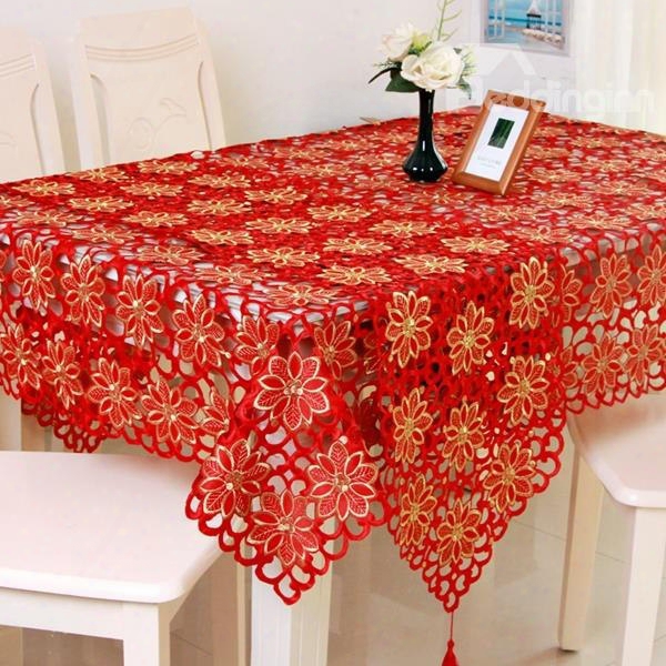 Red Beautiful Flower Pattern Washable Rectangle Dining Room Tablecloth