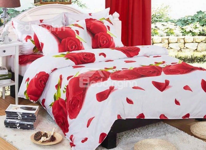 Romantic 3d Red Rose Printed 4-piece Polyester Duvet Cover Sets