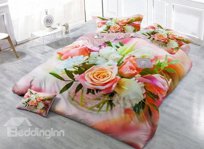 Romantic Pink Rose Print Satin Drill 4-piece Duvet Cover Sets