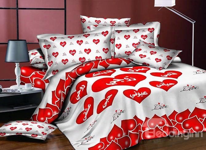 Romantic Red Heart Shaped Printing Polyester 4-piece Duvet Cover Sets