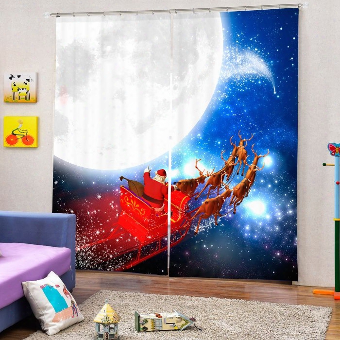 Santa Riding Reindeer By The Moon Printing Christmas Theme 3d Curtain