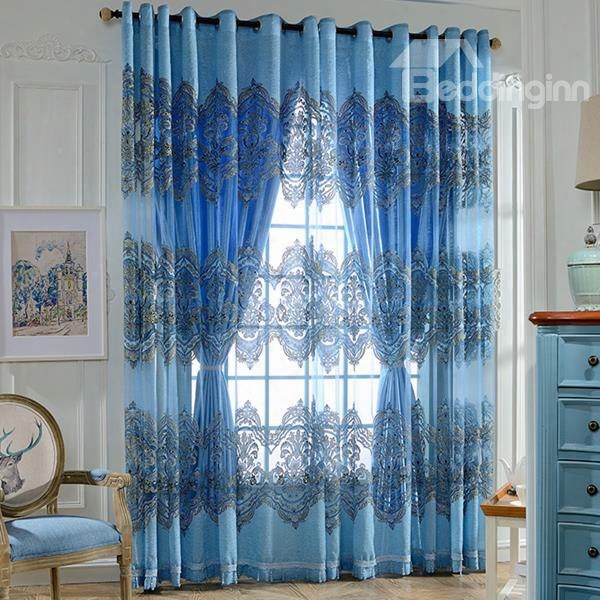 Sapphire Damask Printing Decor Sheer An Shading Cloth Curtain Sets