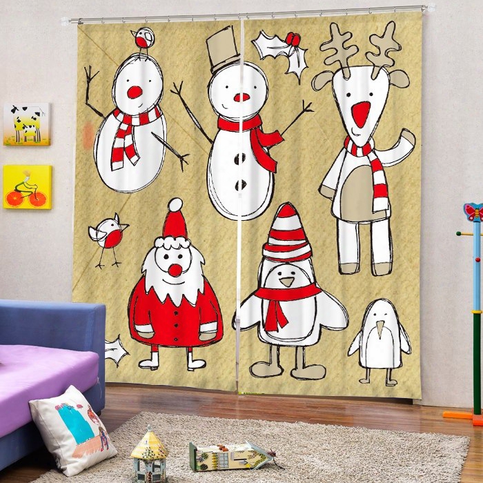 Stick Figures Santa Snowman And Reindeer Printing Christmas Theme 3d Curtain