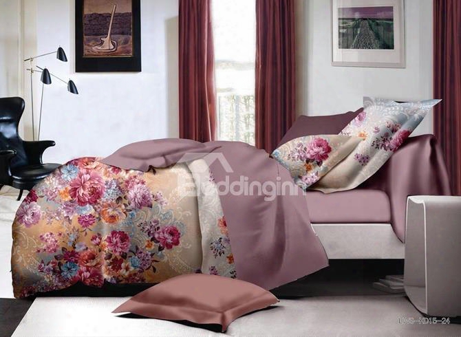 Stylish Colorful Peony Print Polyester 4-piece Duvet Cover Sets