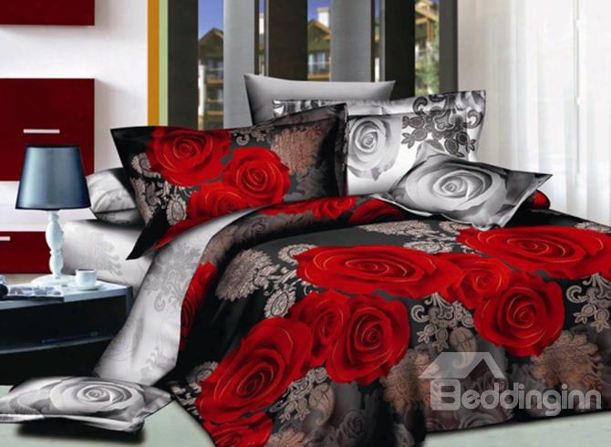 Sweet 3d Red Rose Print 4-piece Polyester D Uvet Cover Sets