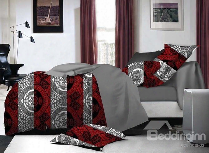 Unique Damask And Red Stripe Print 4-piece Polyester Duvet Cover Sets