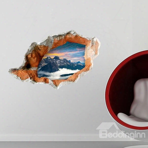 Unique Design Sunset Mountain Scenery Through A Broken Hole 3d Wall Stickers