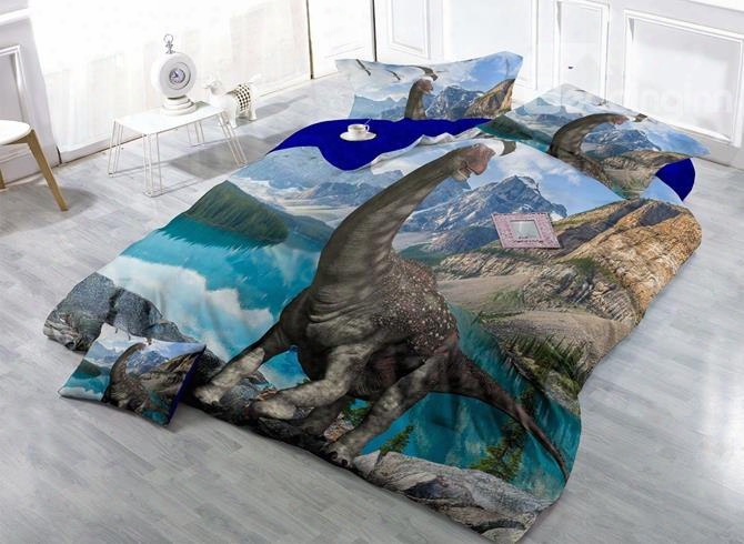 Unique Vivid 3d Dinosaur Print Satin Drill 4-piece Duvet Cover Sets